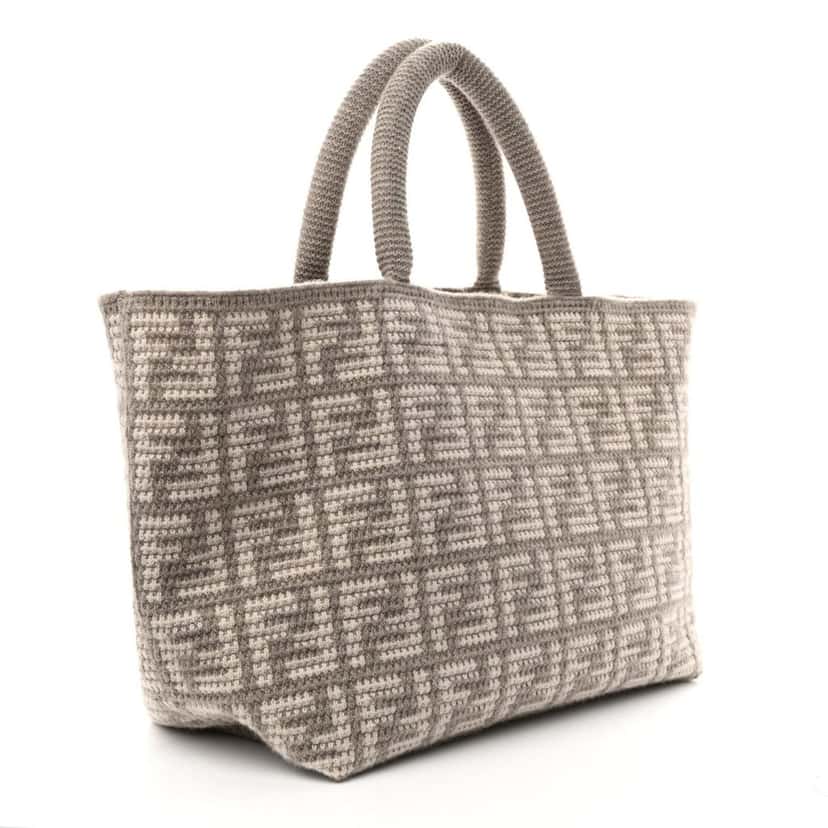 Fendi Fendi FF Tortora Gray Knitted Cashmere Wool Large Shopper Tote Bag Other Canvas Never worn - Back View