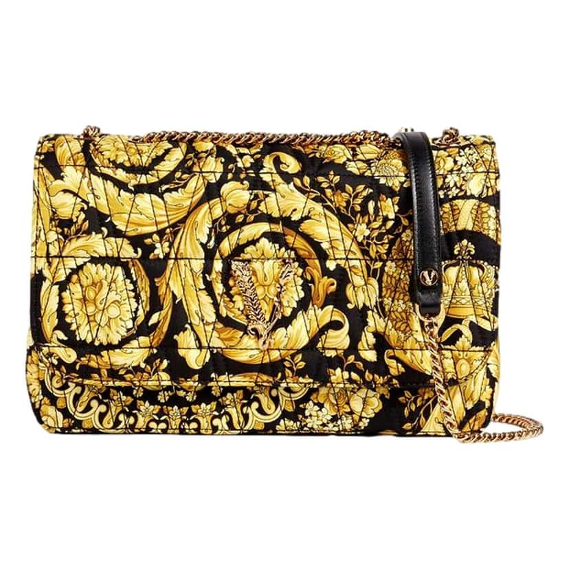 Versace Versace Virtus Barocco Print Quilted Silk Shoulder Bag Black Gold Black Canvas Never worn - Front View