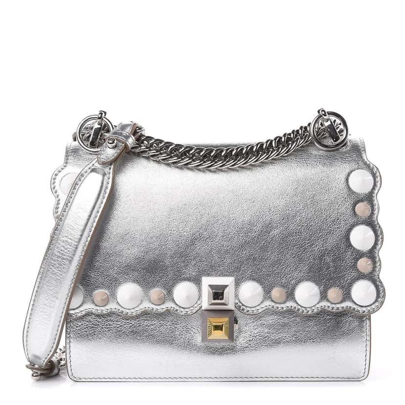 Fendi Fendi Kan I Metallic Silver Calfskin Scalloped Studded Bag Silver Leather Good condition - Front View