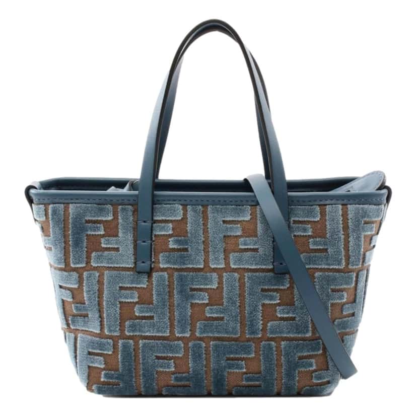 Fendi Fendi Mini Roll FF Shopping Tote Blue Brown Chenille Small Handbag Blue Leather Never worn - Front View