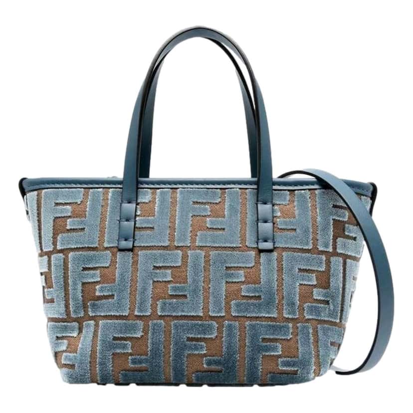 Fendi Fendi Mini Roll FF Shopping Tote Blue Brown Chenille Small Handbag Blue Leather Never worn - Model View