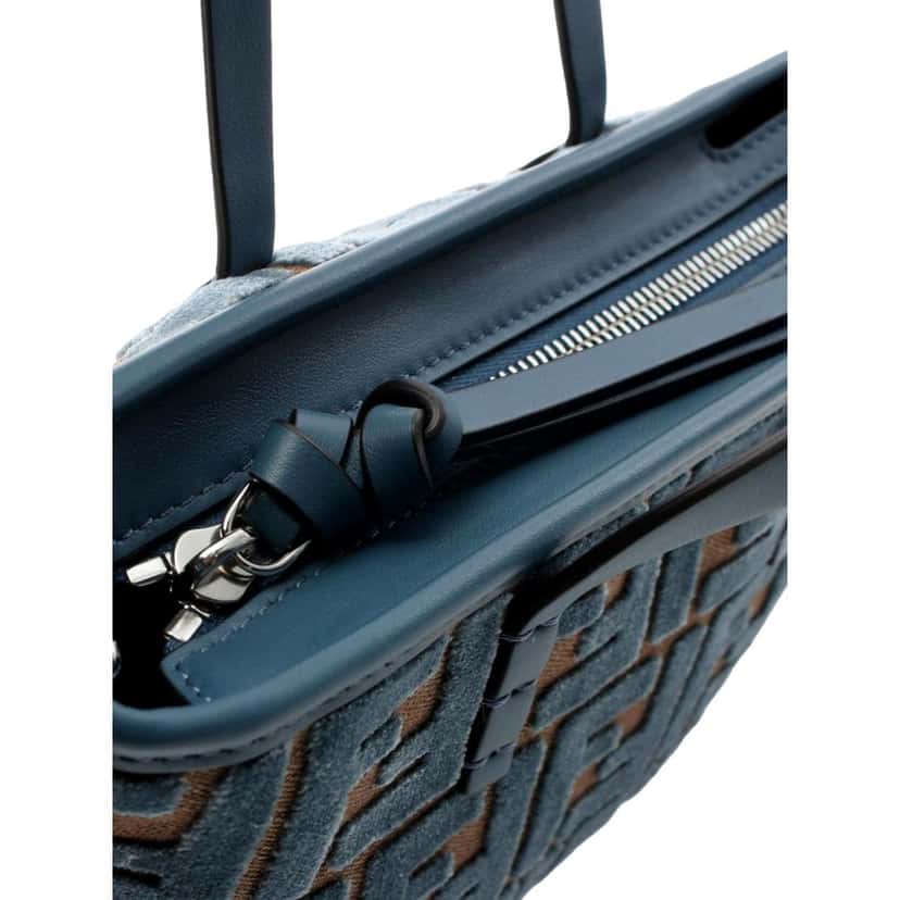 Fendi Fendi Mini Roll FF Shopping Tote Blue Brown Chenille Small Handbag Blue Leather Never worn - Box View