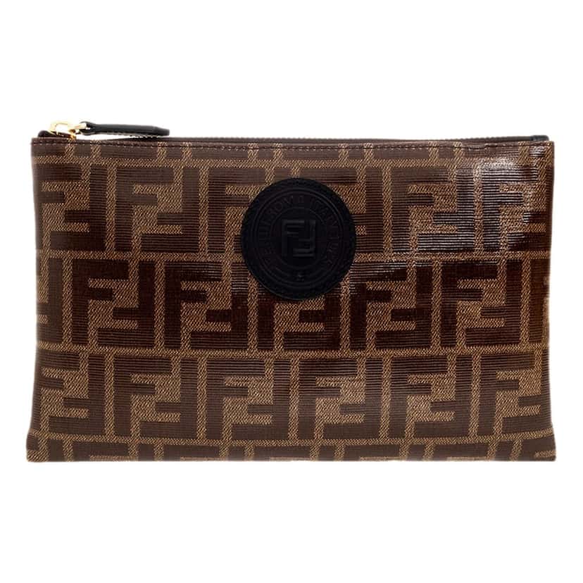 Fendi Fendi FF Zucca Brown Coated Canvas Flat Zipper Pouch Clutch Brown Canvas Never worn - Front View