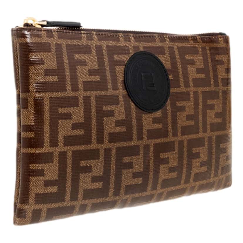 Fendi Fendi FF Zucca Brown Coated Canvas Flat Zipper Pouch Clutch Brown Canvas Never worn - Back View