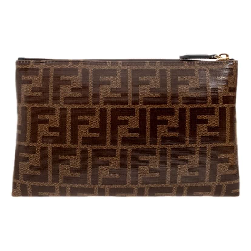 Fendi Fendi FF Zucca Brown Coated Canvas Flat Zipper Pouch Clutch Brown Canvas Never worn - Inside View