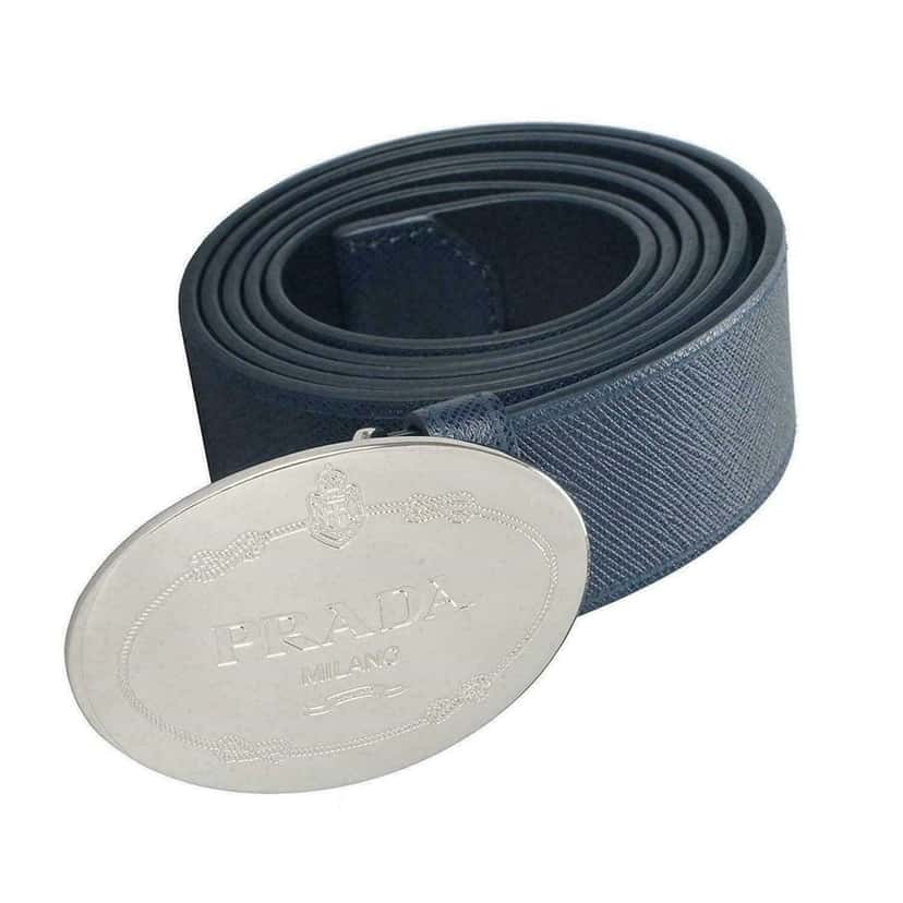 Prada Prada Mens Navy Saffiano Leather Belt  Silver Oval Buckle Belt Size 90/36 Navy Canvas Good condition - Front View