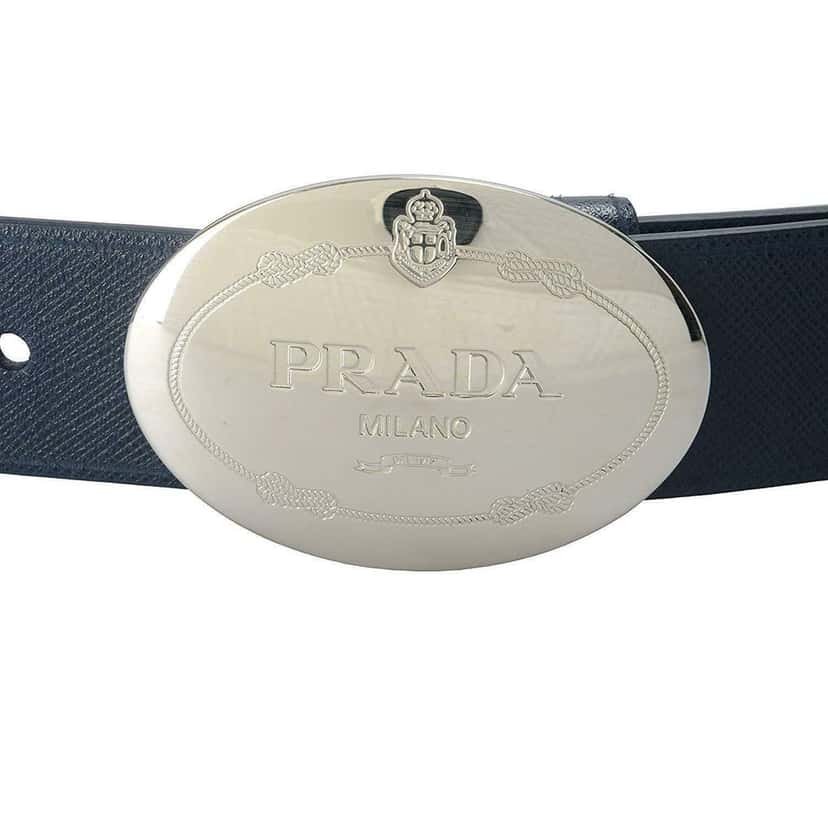 Prada Prada Mens Navy Saffiano Leather Belt  Silver Oval Buckle Belt Size 90/36 Navy Canvas Good condition - Model View