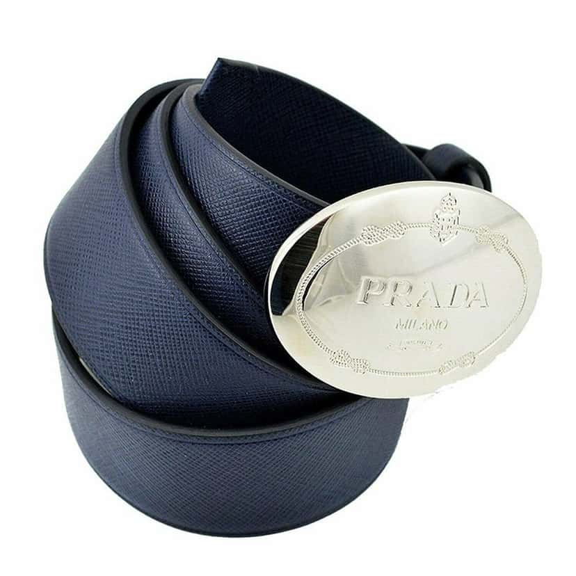 Prada Prada Mens Navy Saffiano Leather Belt  Silver Oval Buckle Belt Size 90/36 Navy Canvas Good condition - Box View
