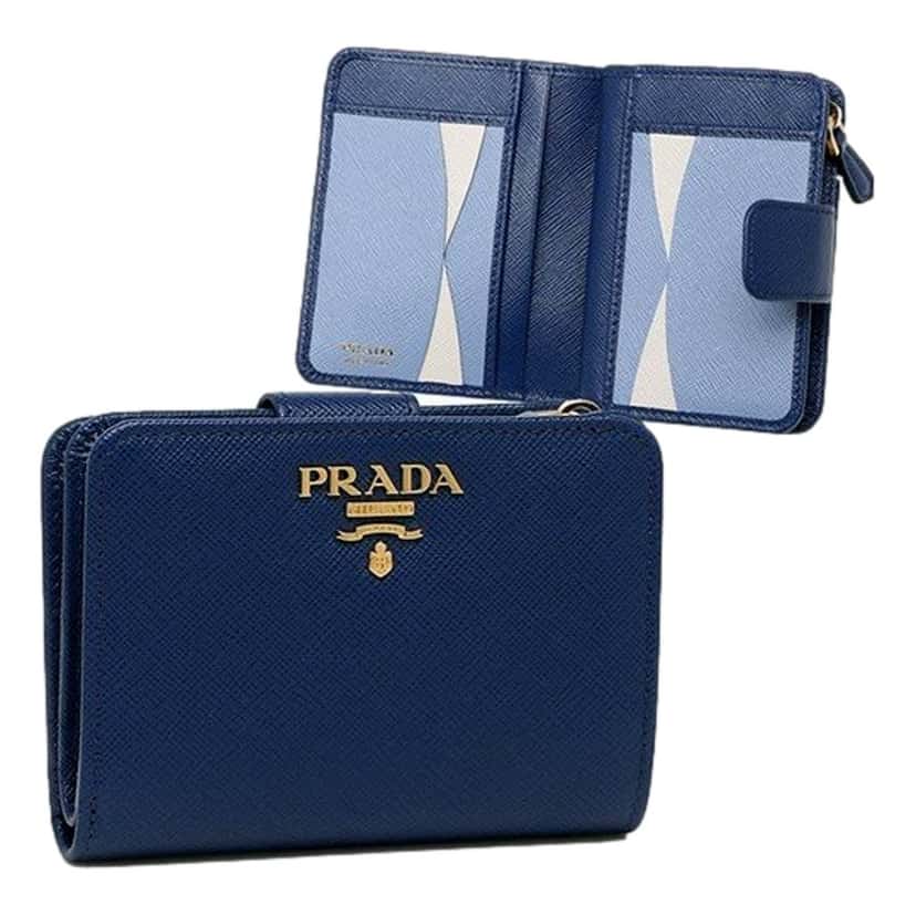 Prada Prada Saffiano Metal Compact Wallet Bluette Blue Multicolor Gold Hardware Blue Leather Never worn - Model View