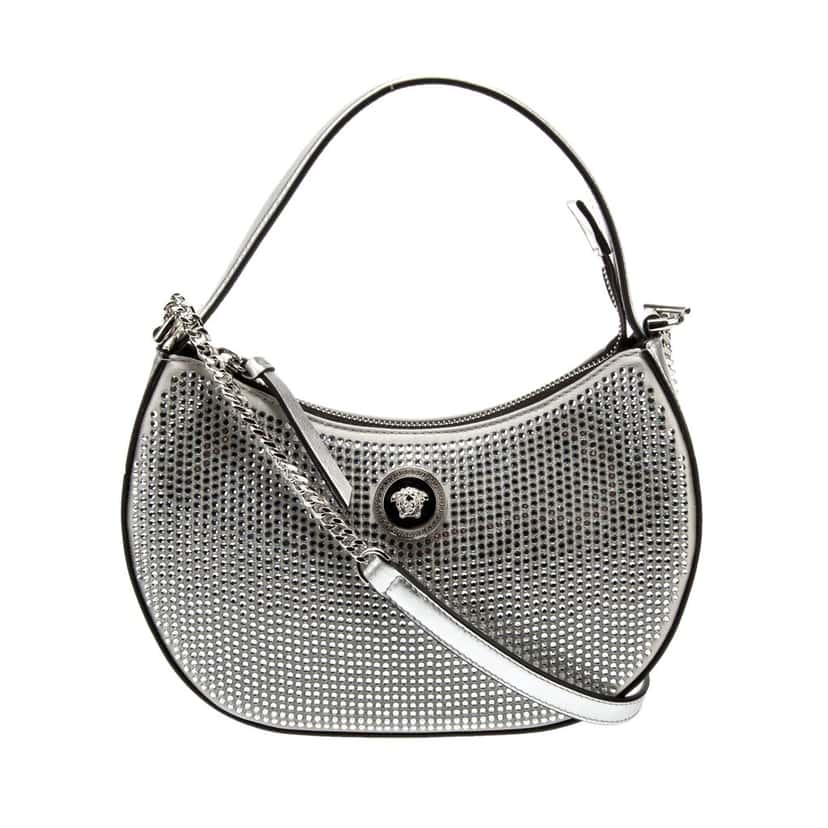 Versace Versace La Medusa Crystal Half Moon Hobo Shoulder Crossbody Bag Silver Silver Leather Never worn - Front View