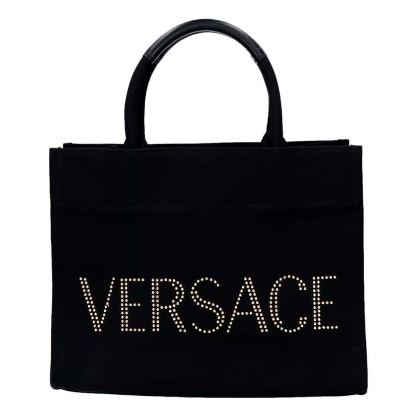 Versace Versace Mini Tote Bag Nero Black Canvas Studded Logo Crossbody Black Leather Never worn - Front View