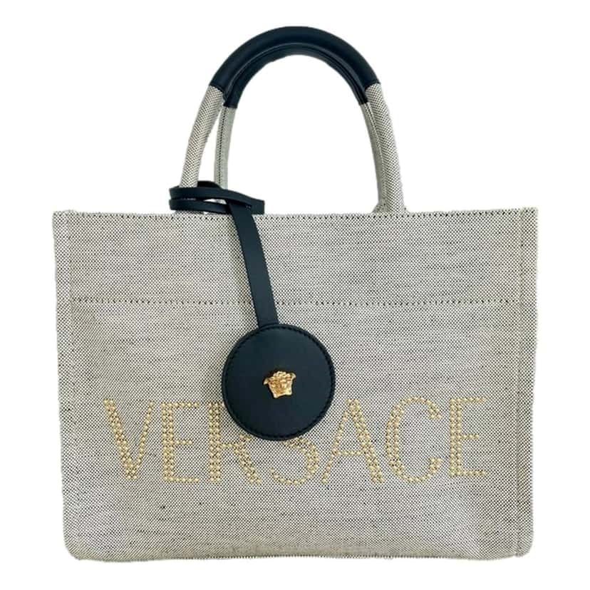 Versace Versace Studded Logo Mini Tote Ecru Canvas Crossbody Bag Gold Hardware Other Leather Never worn - Front View