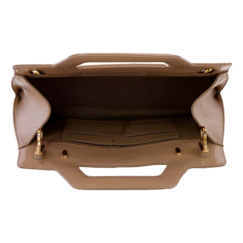 Salvatore Ferragamo Ferragamo Wanda Beige Patent Leather Top Handle Handbag Brown Leather Never worn - Model View