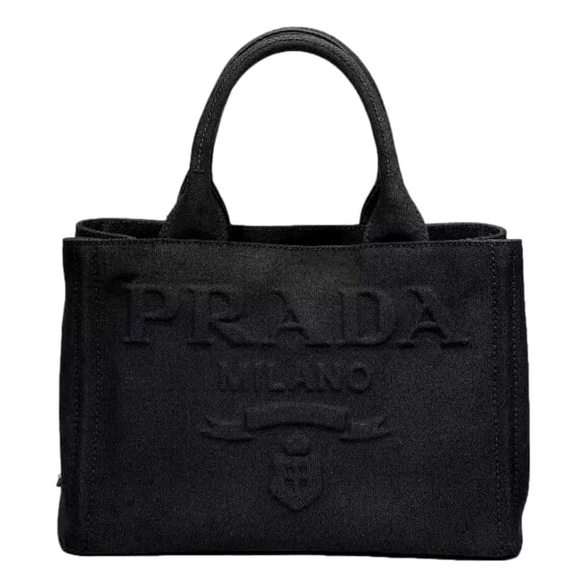 Prada Prada Canapa Tote Handbag Canvas Embossed Lettering Logo Fabric Black Black Canvas Never worn - Front View