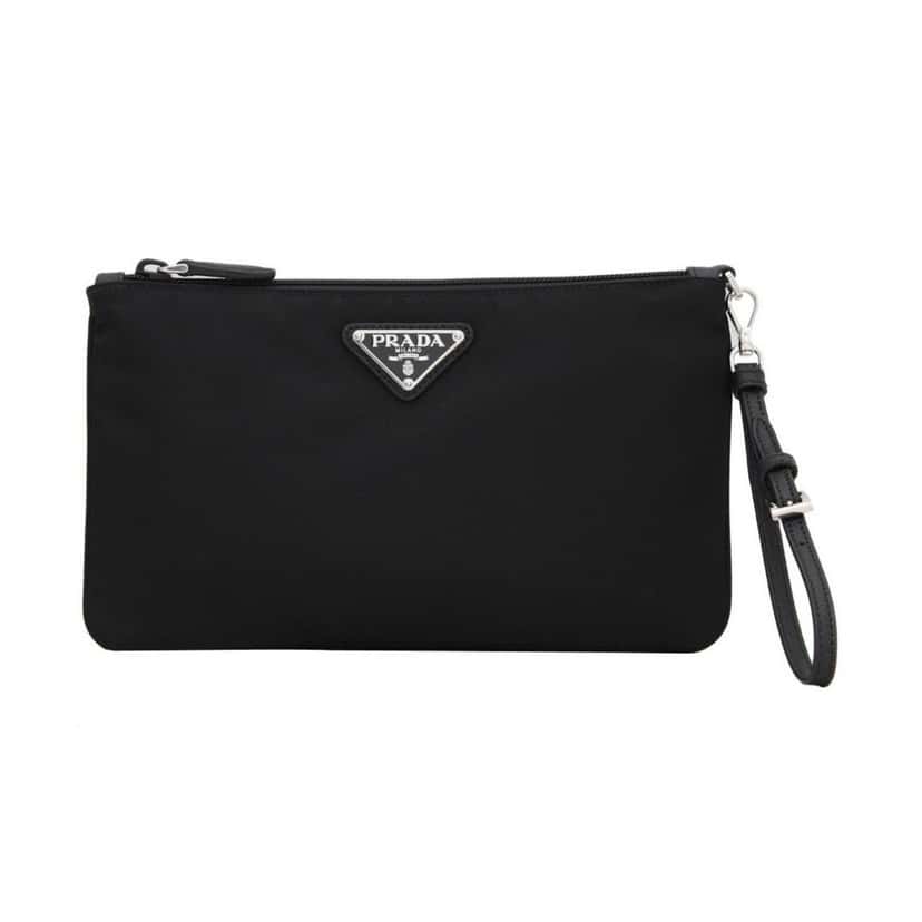 Prada Prada Tessuto Nylon Black Triangle Logo Wristlet Clutch Pouch Bag Black Leather Never worn - Front View