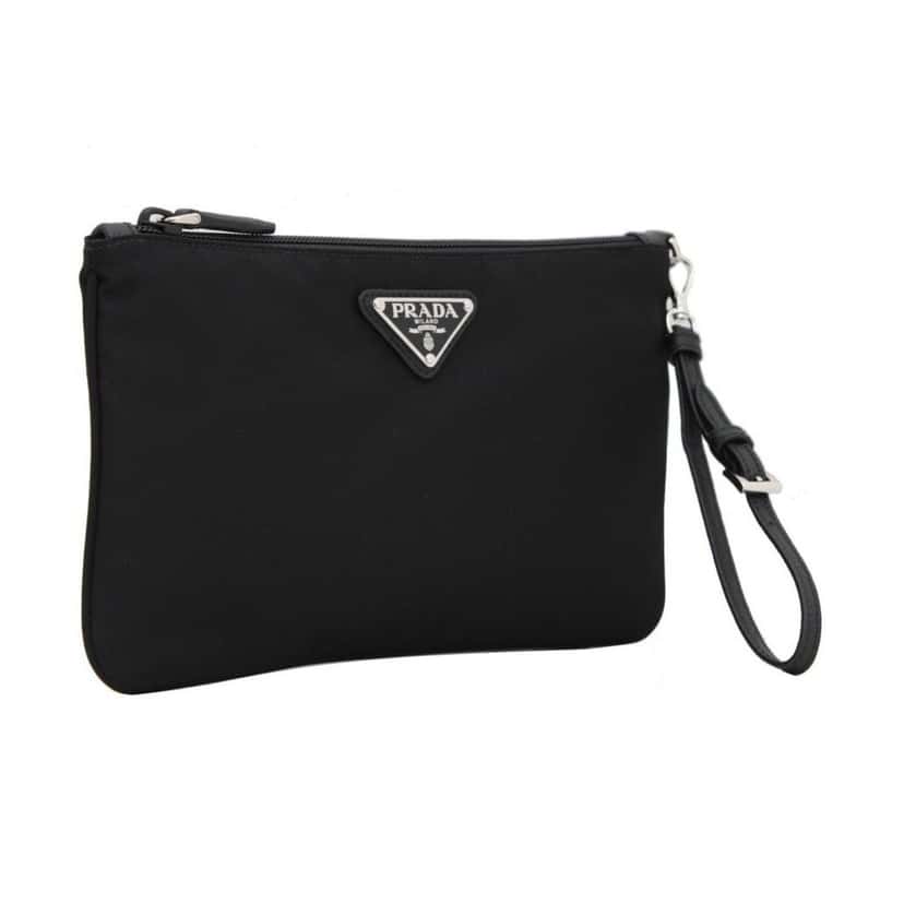 Prada Prada Tessuto Nylon Black Triangle Logo Wristlet Clutch Pouch Bag Black Leather Never worn - Back View