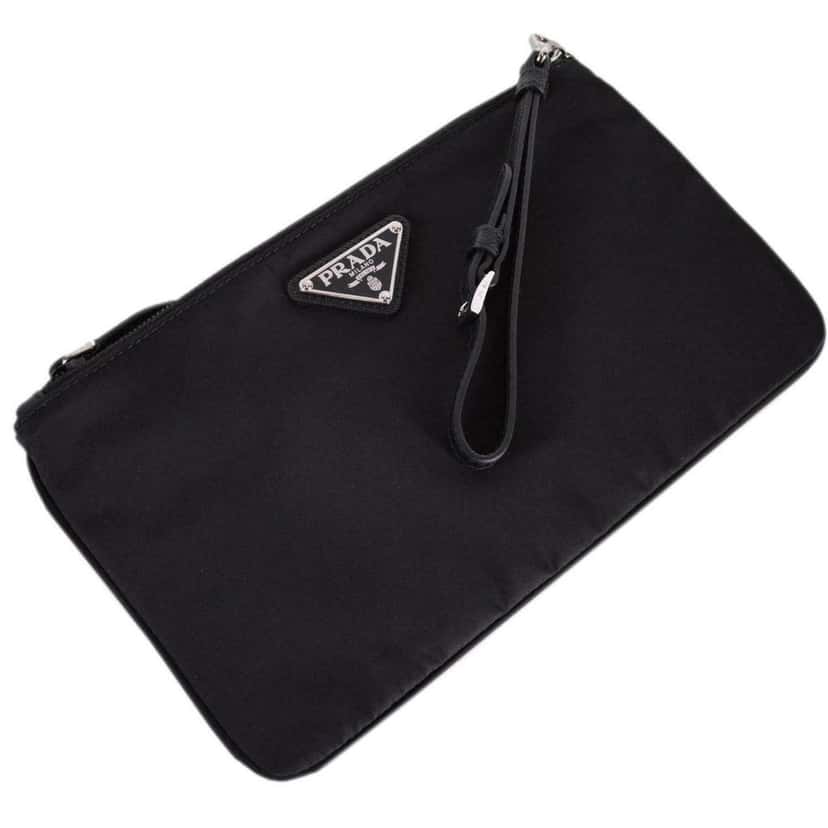 Prada Prada Tessuto Nylon Black Triangle Logo Wristlet Clutch Pouch Bag Black Leather Never worn - Box View