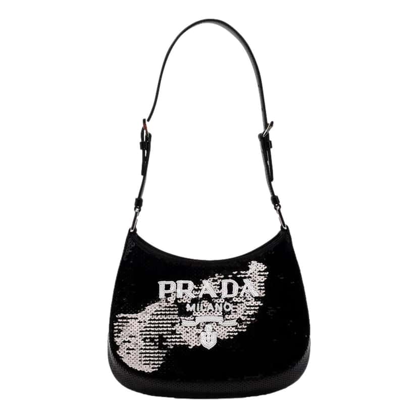 Prada Prada Cleo Black and White Sequin Milano Logo Mini Leather Shoulder Bag Black Satin Never worn - Front View