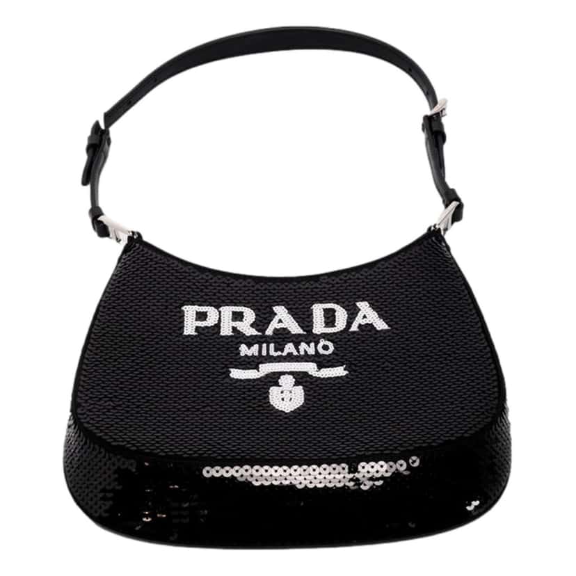 Prada Prada Cleo Black and White Sequin Milano Logo Mini Leather Shoulder Bag Black Satin Never worn - Back View