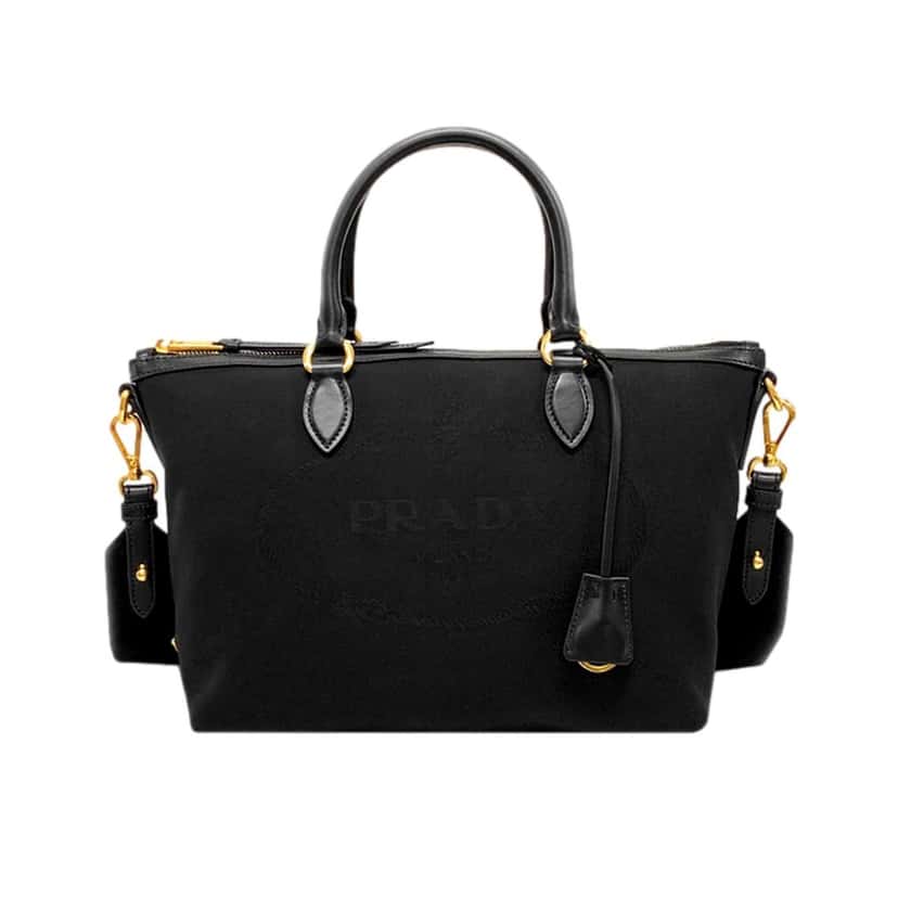 Prada Prada Logo Jacquard Black Canvas Satchel Crossbody Bag Gold Hardware Black Leather Never worn - Front View