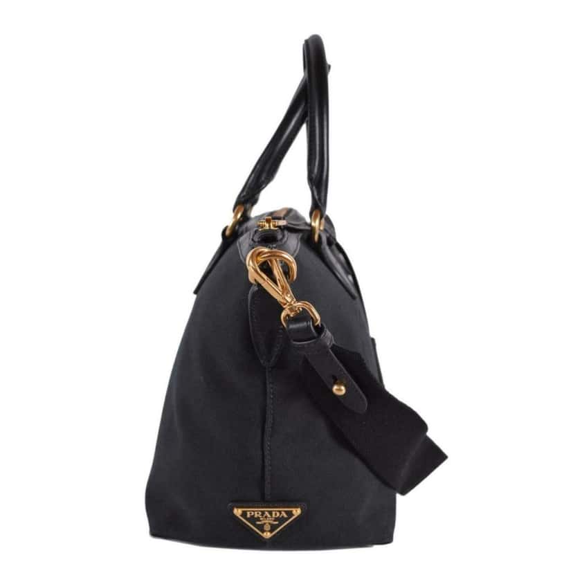 Prada Prada Logo Jacquard Black Canvas Satchel Crossbody Bag Gold Hardware Black Leather Never worn - Model View