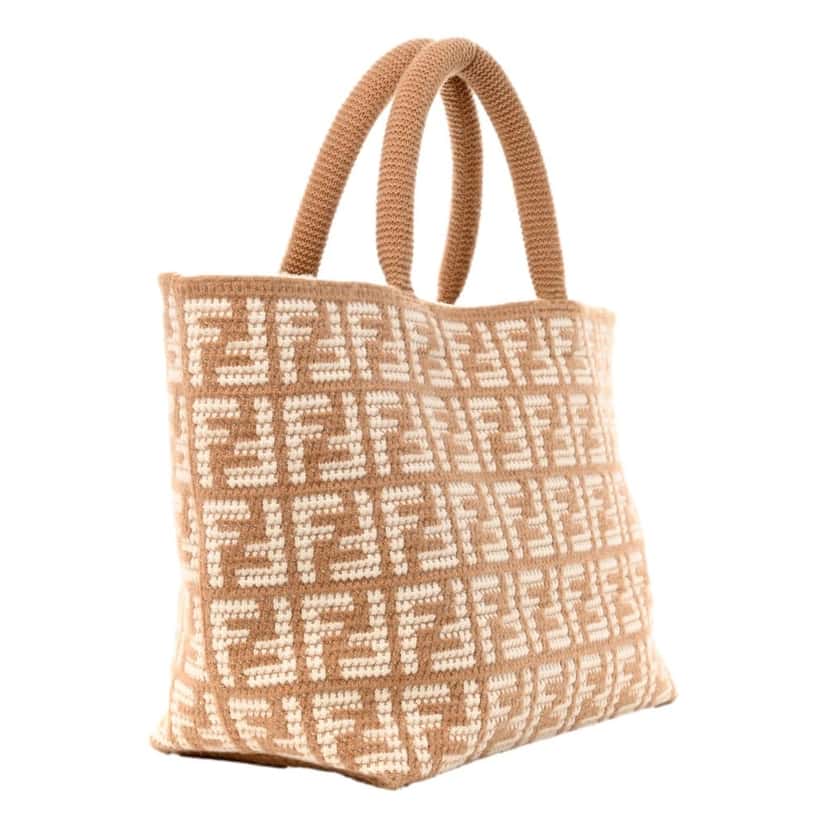 Fendi Fendi FF Cammello Large Shopper Tote Beige Knitted Cashmere Bag Brown Wool Never worn - Back View