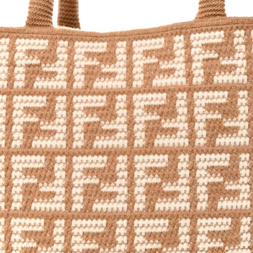 Fendi Fendi FF Cammello Large Shopper Tote Beige Knitted Cashmere Bag Brown Wool Never worn - Inside View