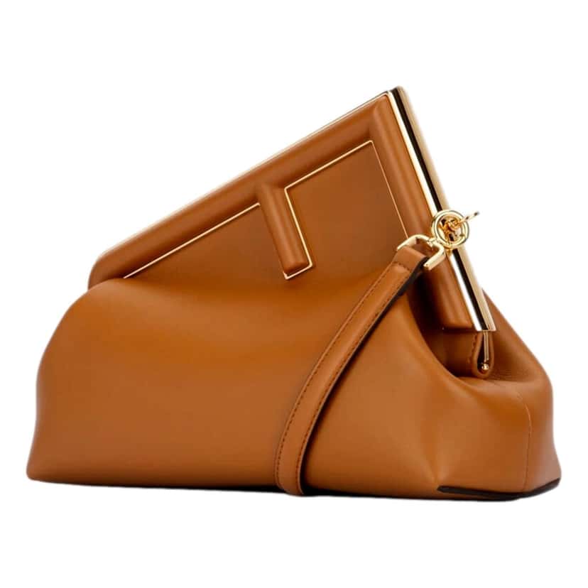 Fendi Fendi First Midi Clutch Crossbody in Caramel Brown Nappa Leather with Gold FF Logo Brown Leather Never worn - Front View