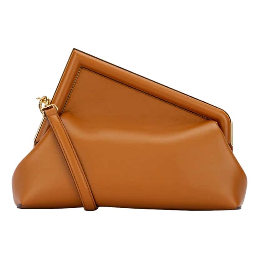 Fendi Fendi First Midi Clutch Crossbody in Caramel Brown Nappa Leather with Gold FF Logo Brown Leather Never worn - Back View