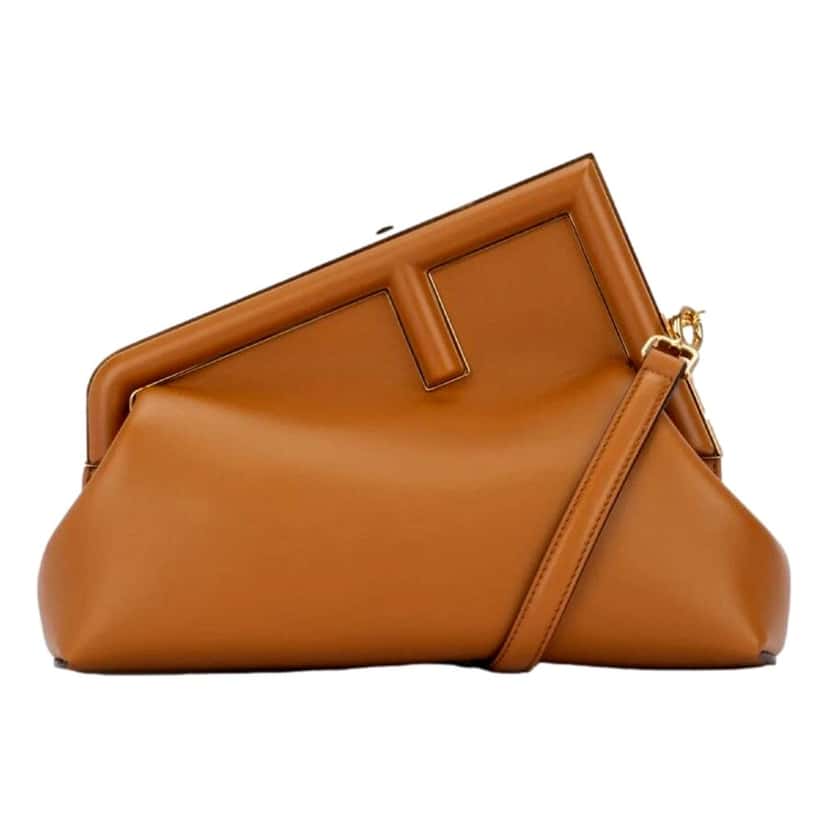 Fendi Fendi First Midi Clutch Crossbody in Caramel Brown Nappa Leather with Gold FF Logo Brown Leather Never worn - Inside View