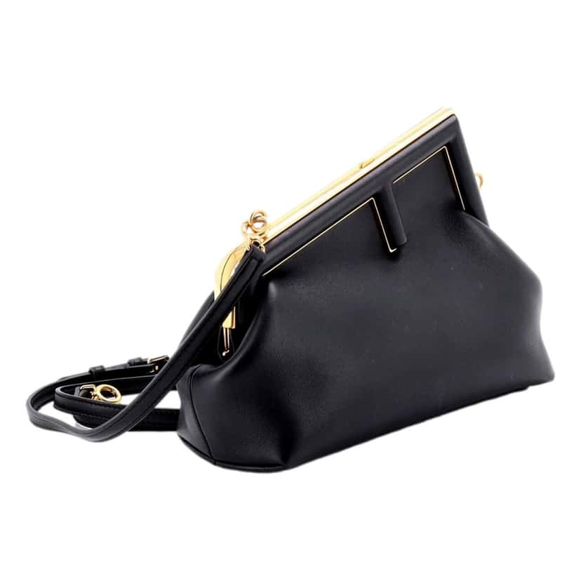 Fendi Fendi First Midi Nappa Leather Clutch Crossbody Bag Nero Black Gold FF Logo Black Leather Never worn - Inside View