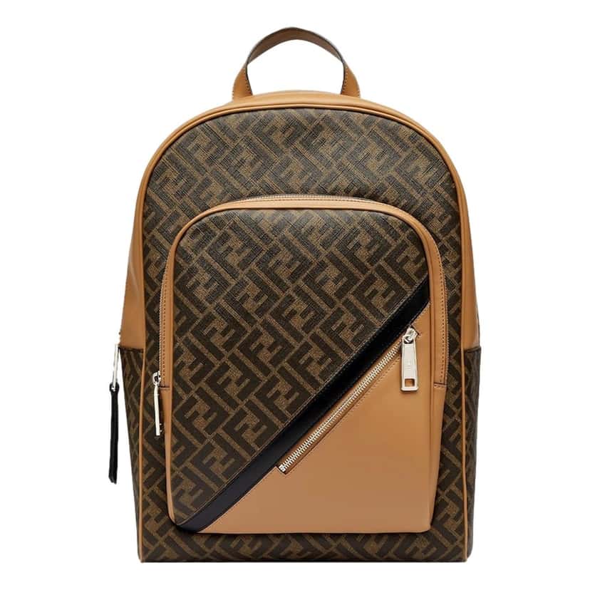 Fendi Fendi Diagonal FF Logo Backpack Black Canvas Leather Trim Brown Leather Never worn - Front View