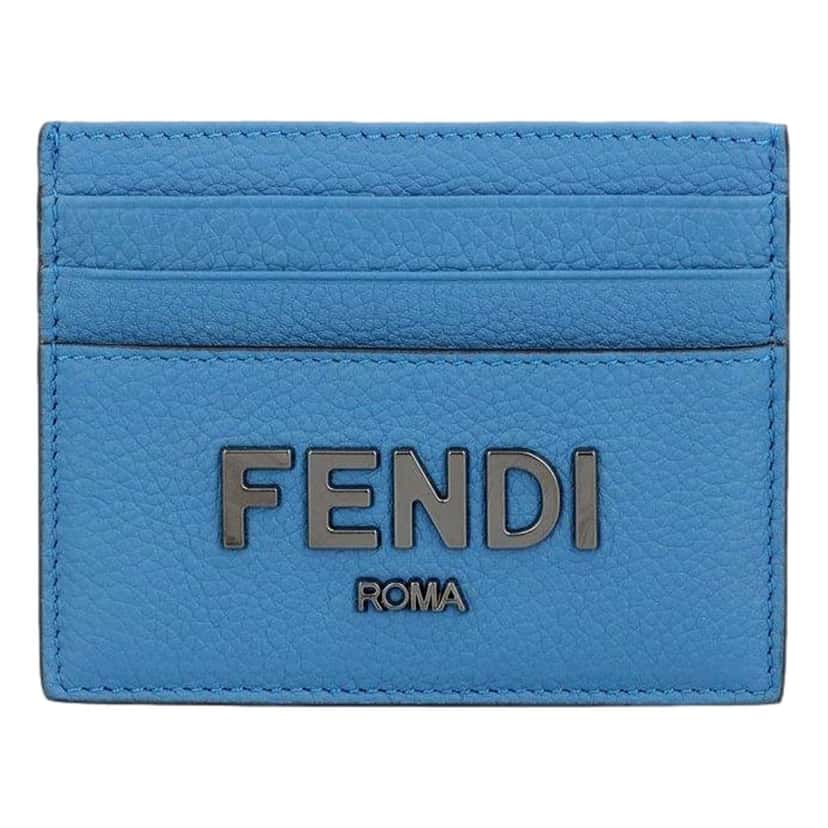 Fendi Fendi Signature Fiordaliso Blue Grained Leather Card Case Wallet Blue Leather Never worn - Front View