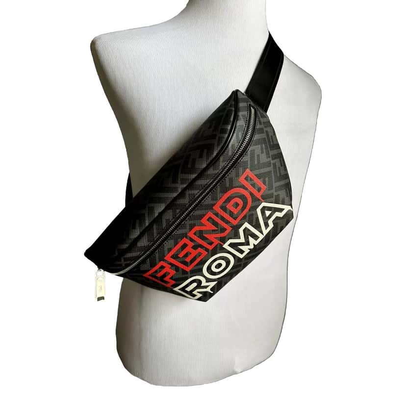 Fendi Fendi Roma Fendigraphy Nero and Rosso Leather Belt Bag Black Leather Never worn - Inside View