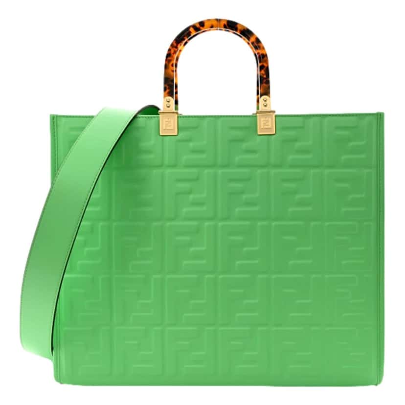 Fendi Fendi Sunshine Medium Plexi FF Embossed Leather Tote Edamame Green Green Leather Never worn - Front View