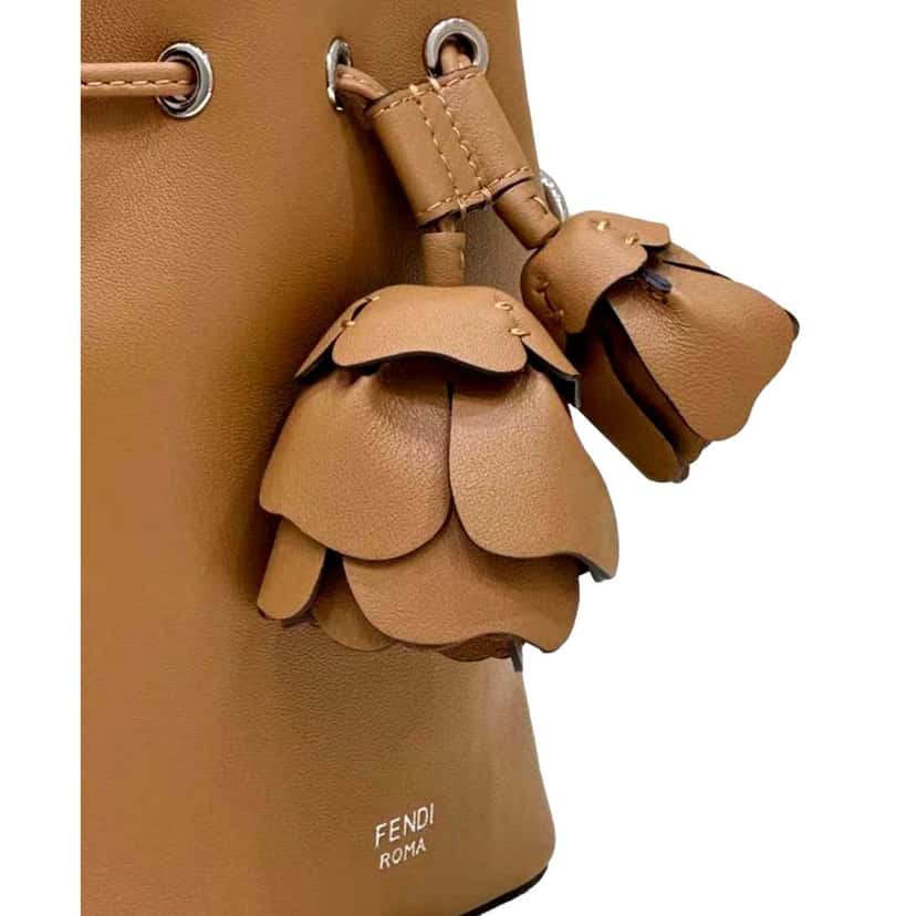 Fendi FENDI Calfskin F is 3D Flower Mini Mon Tresor Bucket Bag Brown Tan Brown Leather Never worn - Model View