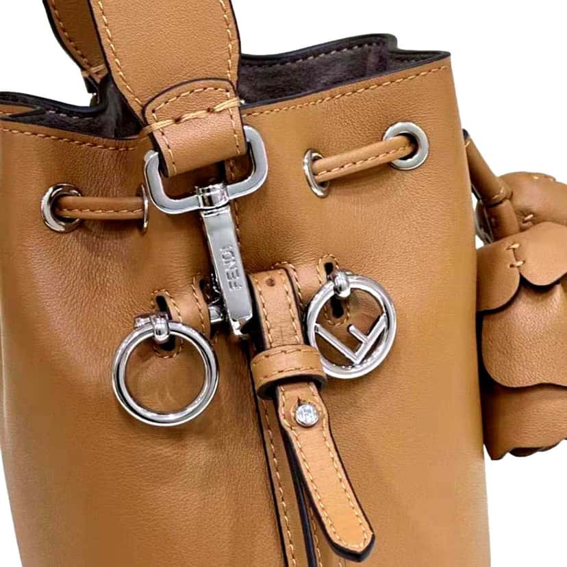 Fendi FENDI Calfskin F is 3D Flower Mini Mon Tresor Bucket Bag Brown Tan Brown Leather Never worn - Box View