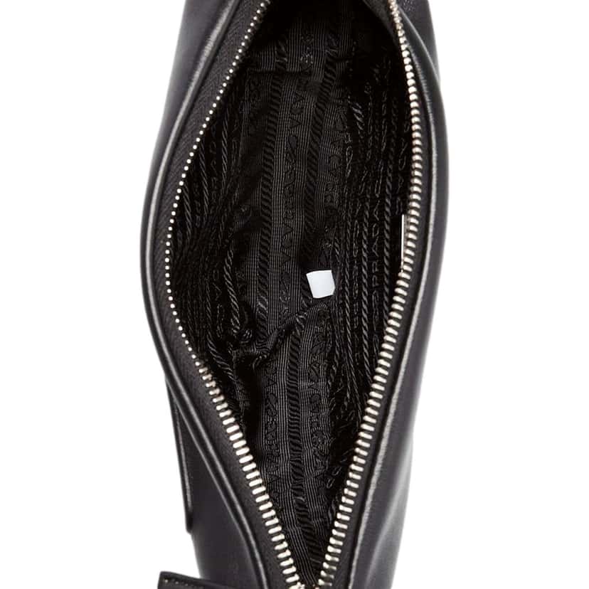 Prada Prada Grace Triangle Leather Pouch Clutch Bag with Embossed Logo Nero Black Black Leather Never worn - Model View