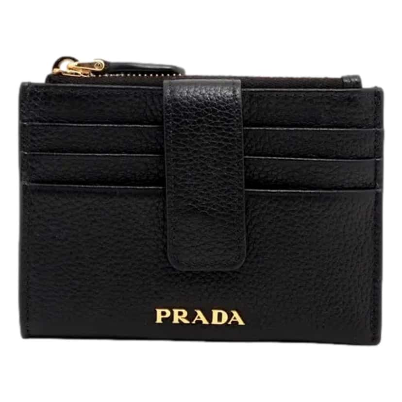 Prada Prada Womens Vitello Grain Nero Black Leather Zip Top Card Wallet Black Leather Never worn - Front View