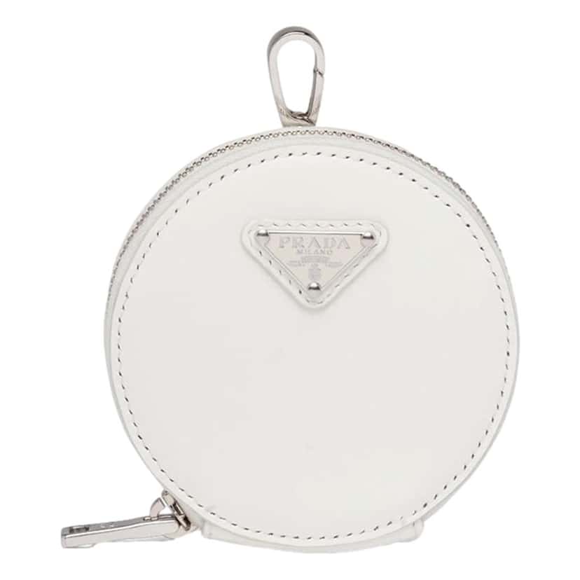 Prada Prada Triangle Plaque Smooth White Leather Round Mini Pouch Keychain White Leather Never worn - Front View
