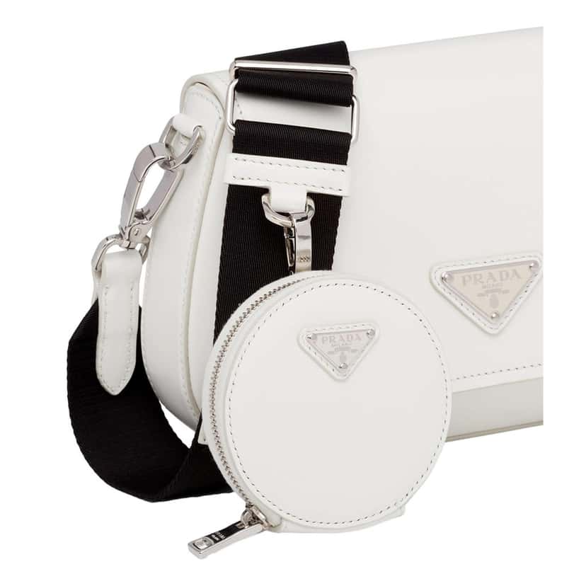 Prada Prada Triangle Plaque Smooth White Leather Round Mini Pouch Keychain White Leather Never worn - Model View