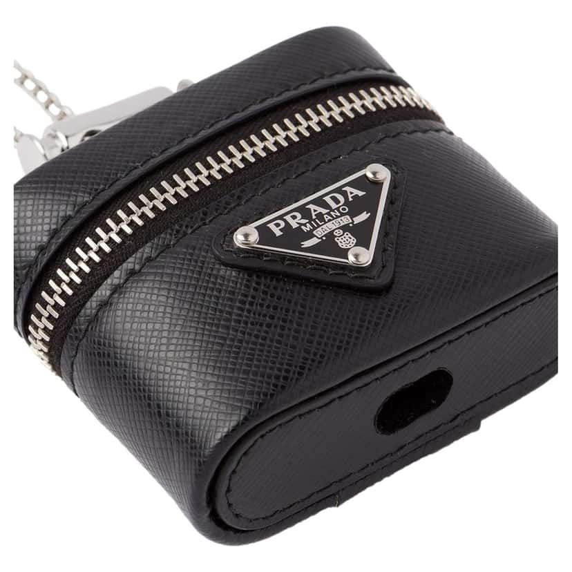 Prada Prada Triangle Saffiano Black Leather Mini Airpods Case with Chain Black Leather Never worn - Back View