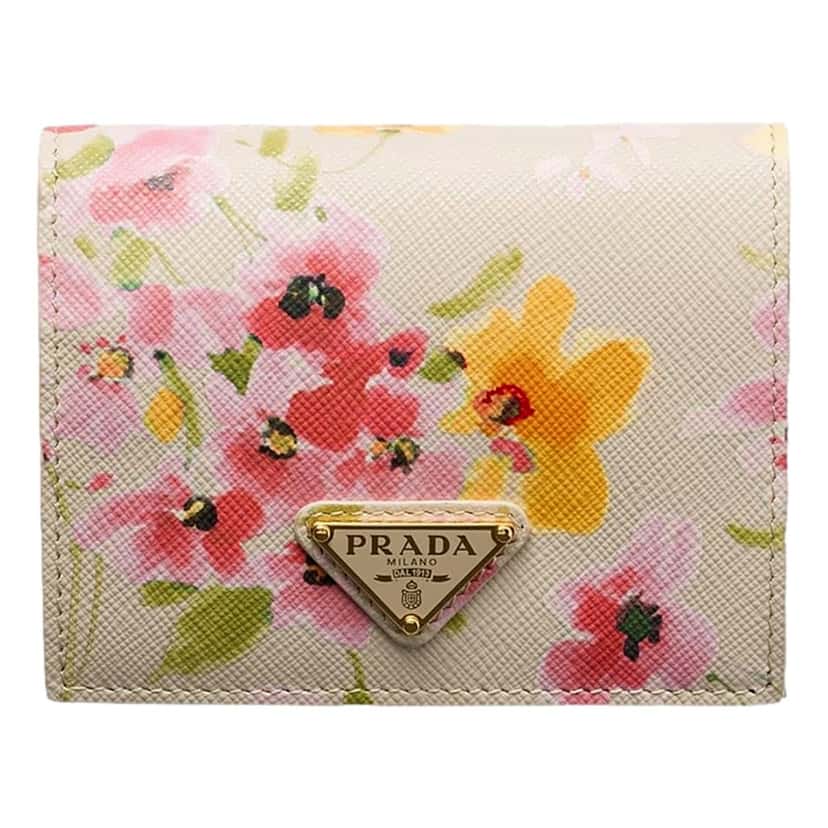 Prada Prada Saffiano Leather Floral Bifold Wallet In Neutral Brown Leather Never worn - Front View