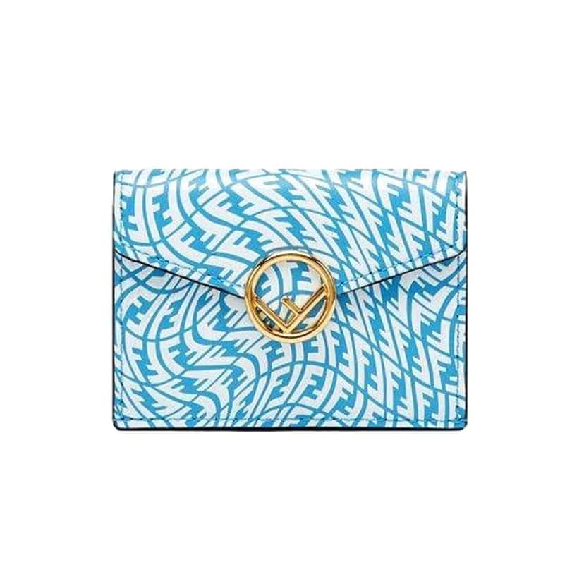 Fendi Fendi F is Fendi Cyber Blue Leather Vertigo Print Small Trifold Wallet Blue Leather Never worn - Front View