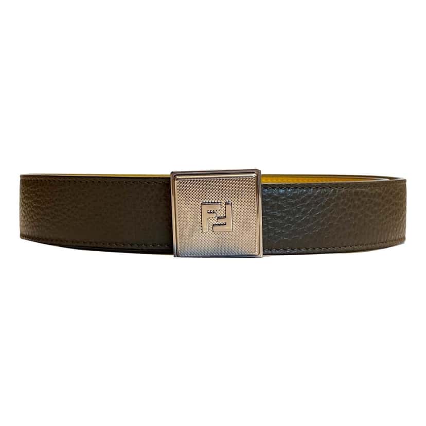 Fendi Fendi Mens Yellow Brown Reversible Grained Leather Belt 95 Black Leather Never worn - Back View