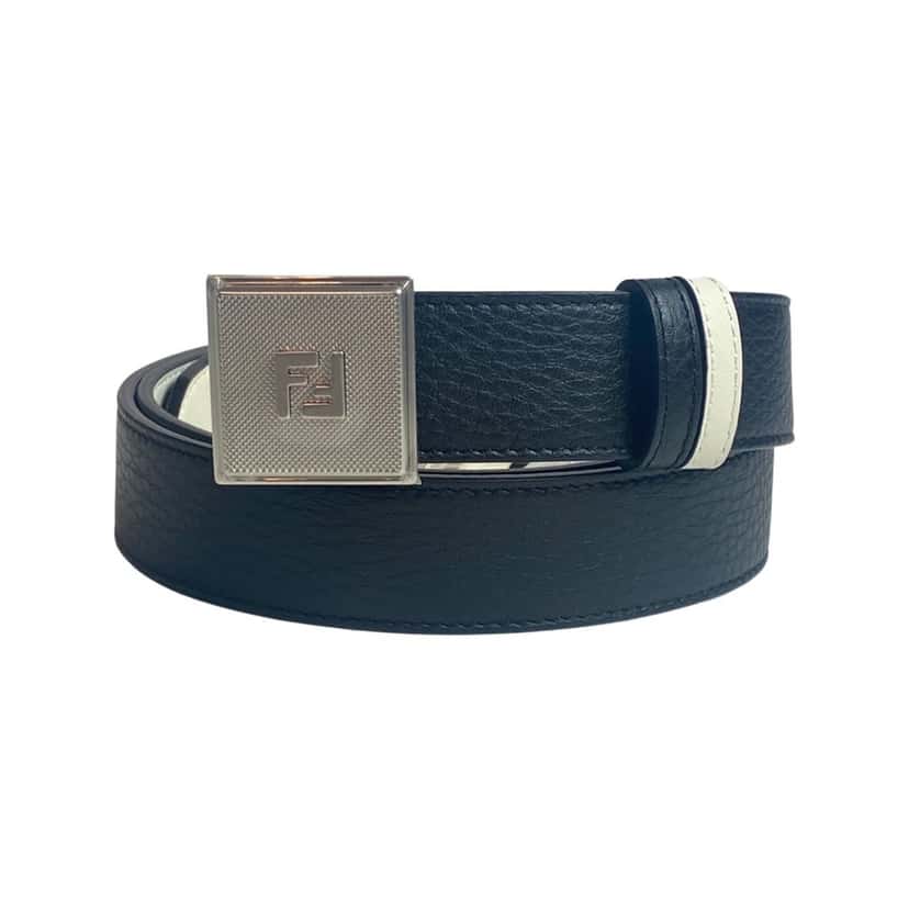 Fendi Fendi Mens Black White Reversible Grained Leather Belt 105 White Leather Never worn - Front View