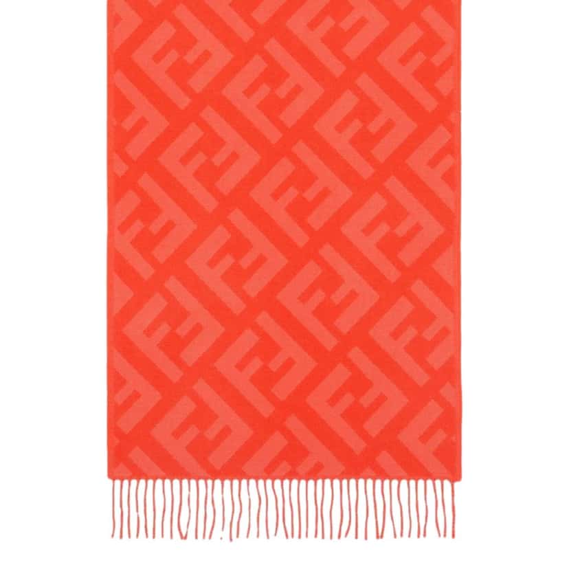 Fendi Fendi FF Print Tulip Woven Cashmere Fringe Scarf Red Wool Never worn - Front View