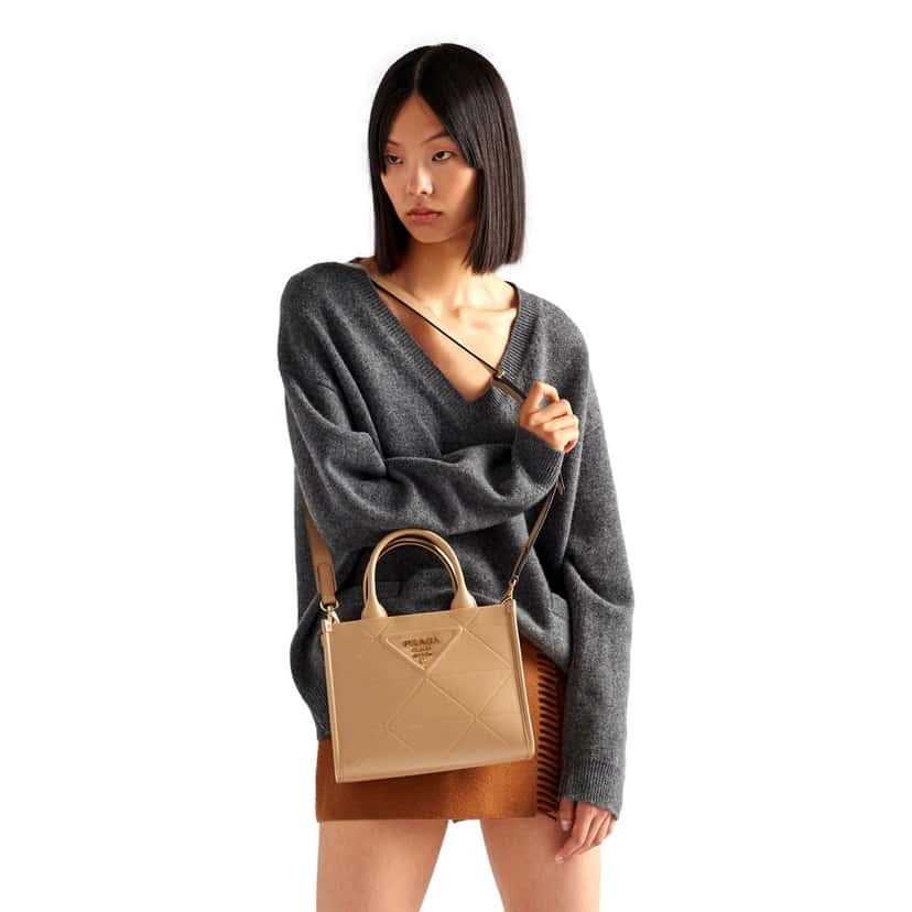 Prada Prada Symbole Soft Calfskin Leather Sabbia Sand Triangle Quilted Mini Tote Bag Beige Leather Never worn - Box View