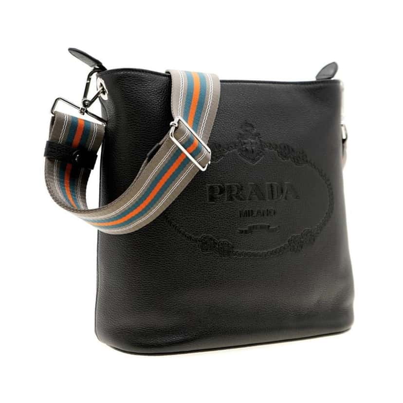 Prada Prada Vitello Phenix Black Leather Web Strap Crossbody Bucket Bag Black Leather Never worn - Box View