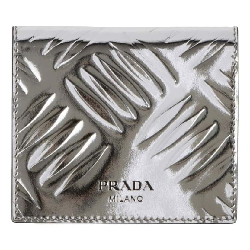 Prada Prada Spazzolato Foldover Card Wallet Metallic Silver Embossed Leather Silver Leather Never worn - Front View